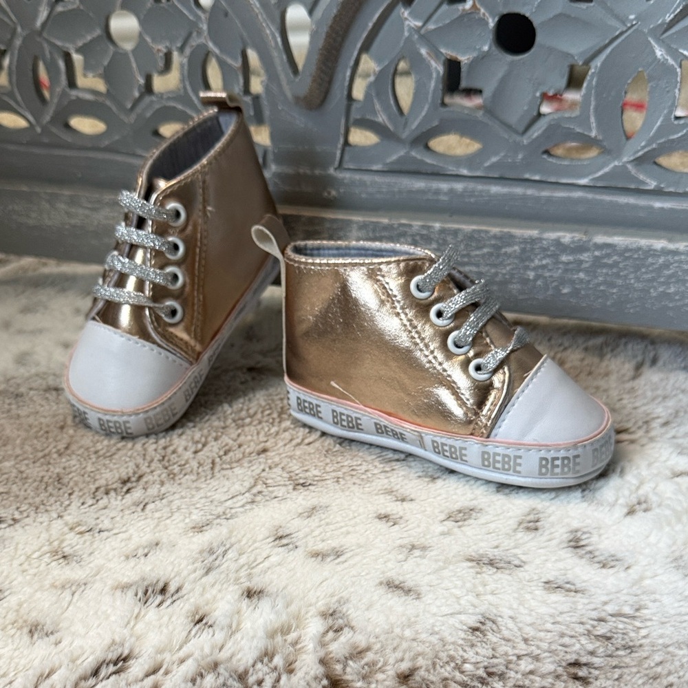 Bebe baby girls shoes size 3 glam gold white sneakers sporty infant holiday